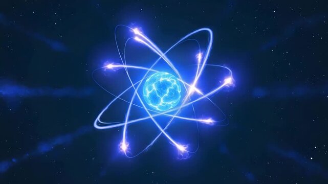 Digital atom with a glowing blue nucleus and white orbital rings in a starry space, science concept.