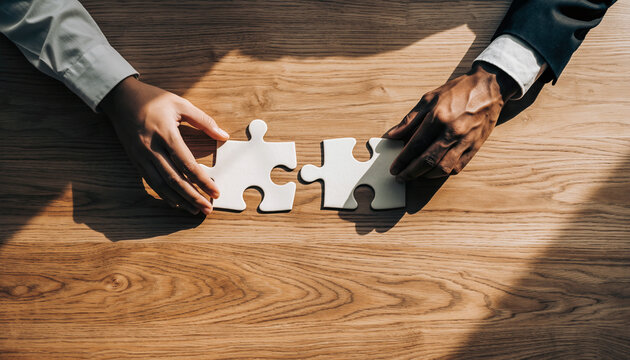 Diverse hands connecting white puzzle pieces on wooden table symbolizing partnership collaboration and unified solutions
