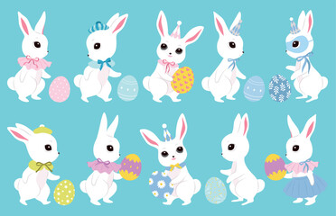 Cute white Easter bunnies, color clothes, cutie bows, pattern eggs. Spring collection. Sticker design. Set of Easter themed images including easter eggs, pretty rabbits. Happy Easter. Greeting cards