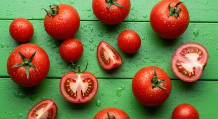 Vibrant red tomatoes, whole and sliced, glistening with water droplets on a textured green wooden background for fresh produce imagery.