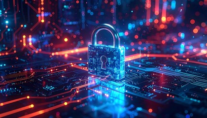 Futuristic digital padlock on a circuit board