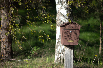 Brown Mailbox on Wooden Post in Spring Light