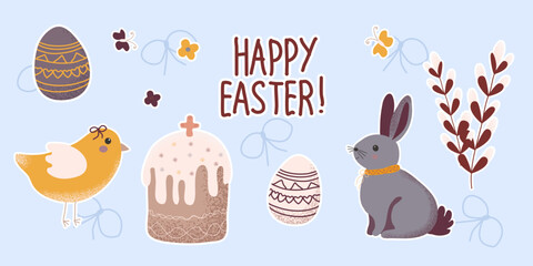 Easter stickers, Cute illustrations of bunny, Easter, eggs, willow, chick, for stickers, packaging design, scrapbooking, greeting cards, feminine branding. Vector  © Victoriya