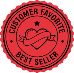 Red circular 'customer favorite best seller' stamp or badge with a central heart icon wrapped in a ribbon and a prominent star, signifying top-rated product quality and customer loyalty.