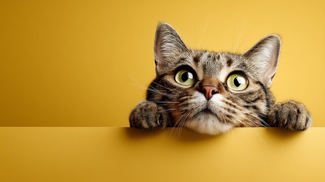 Curious tabby cat peeking over a yellow surface with copy space looking up