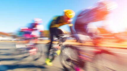 Cyclists compete in a race on a sunny day along a paved road