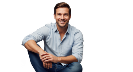 Smiling man in light blue shirt and jeans posed confidently indoors professional portrait transparent background black background