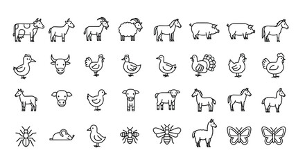 Collection of farm animal icons isolated on, featuring cow, goat, sheep, horse, pig, duck, bull, chicken, turkey, and butterfly