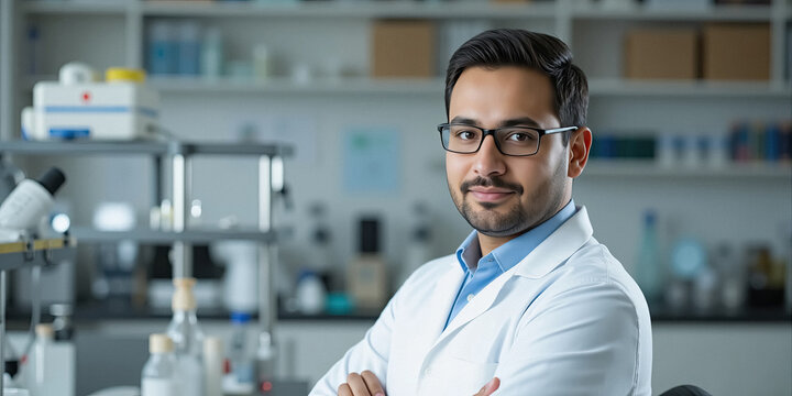 Young indian scientist with glasses working confidently inside modern research laboratory