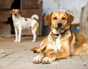 Two dogs on a patio