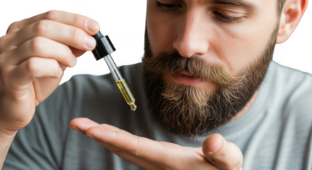 Man applying beard oil dropper to hand for grooming and wellness transparent background black background