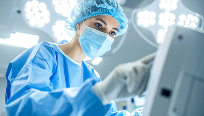 Surgeon in blue scrubs and mask interacting with a medical monitor during a surgical procedure