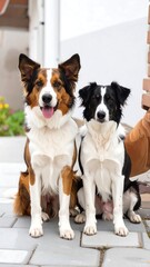 Two dogs sitting, happy, outdoors