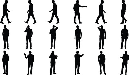 Collection of male human silhouettes showing walking standing and gesturing poses isolated on white background for stock design use purposes
