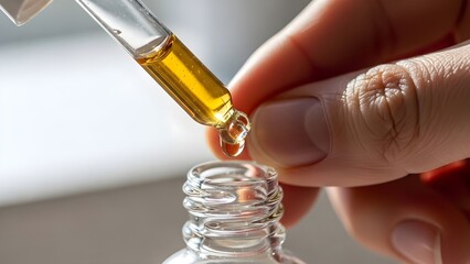 Close up of hand with dropper dispensing liquid into glass bottle