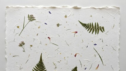 Close up of handmade paper with embedded flowers and leaves design