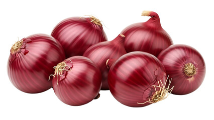 Fresh, vibrant red onions, ready for culinary creations. The onions are shown clustered together, offering a glimpse of their potential uses in the kitchen.  isolated on a transparent background
