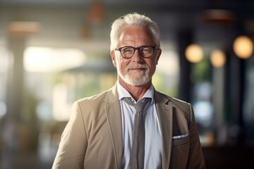 Confident older man smiling in business attire against a blurred background of a modern workspace