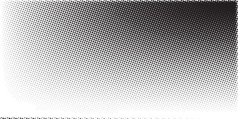 Grunge halftone corner gradient. Distress fading grit noise background. Retro pixel backdrop texture. Black and white sand wallpaper. Vector textured gritty surface. Anime or manga style comic overlay