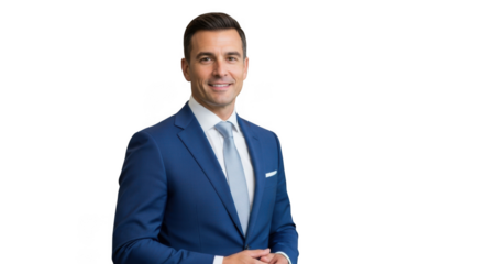 Smiling professional man in blue suit light tie looking camera transparent background