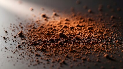 Close up of scattered brown powder on a dark reflective surface