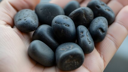 Close up of smooth dark stones held in a human hand