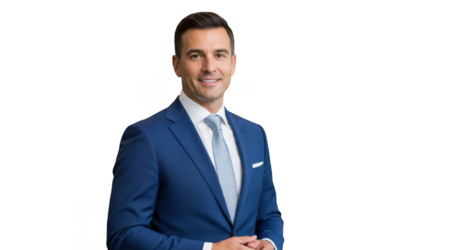 Smiling professional man in blue suit light tie looking camera transparent background - Powered by Adobe