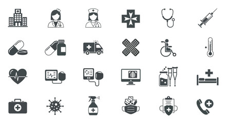 Fototapeta premium Collection of medical and healthcare icons isolated on hospital, doctor, nurse, ambulance, stethoscope, syringe, pill and other medical equipment