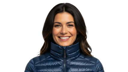A smiling woman with dark hair wearing a blue jacket, posing for the camera. She looks directly at the viewer with a friendly expression.  isolated on a transparent background