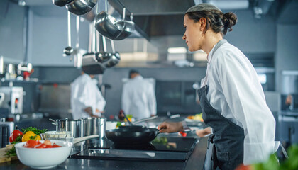 Professional female chef intently cooking in a busy, modern restaurant kitchen