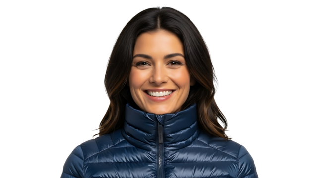 A smiling woman with dark hair wearing a blue jacket, posing for the camera. She looks directly at the viewer with a friendly expression. isolated on a transparent background - Powered by Adobe