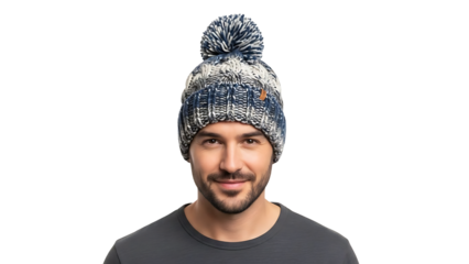 A man is wearing a stylish warm beanie with a bobble isolated on a transparent background