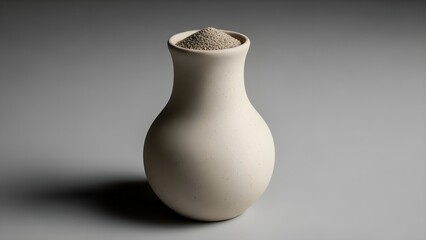 Elegant white vase filled with sand against a neutral grey backdrop