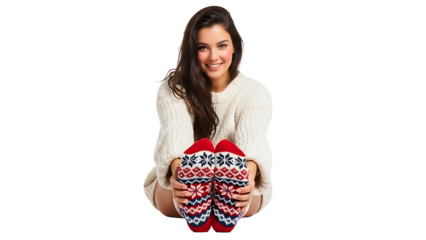 Cozy moment: a woman holding Christmas pattern slippers, feeling calm and peaceful isolated on a transparent background