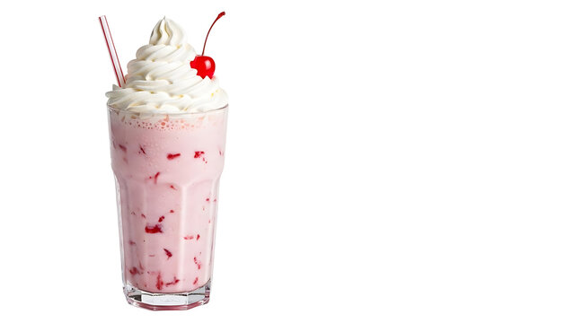 A delicious cherry milkshake with whipped cream and a cherry on top in a glass  isolated on a transparent background