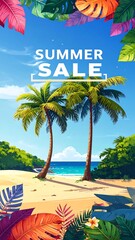 Tropical beach scene with summer sale text