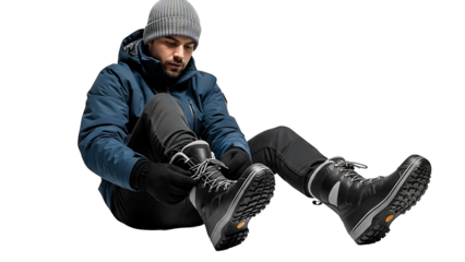 A man preparing for cold weather. He is sitting down, putting on his winter boots, getting ready for the outdoors. isolated on a transparent background