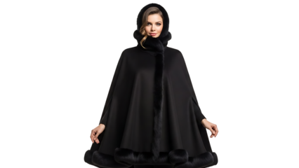 A woman models a elegant black cloak with hood, perfect for winter. The cloak has a fur trim and the woman is confident and stylish.  isolated on a transparent background