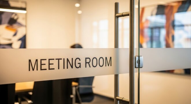 Glass door with 'Meeting Room' sign, inside a modern office space.