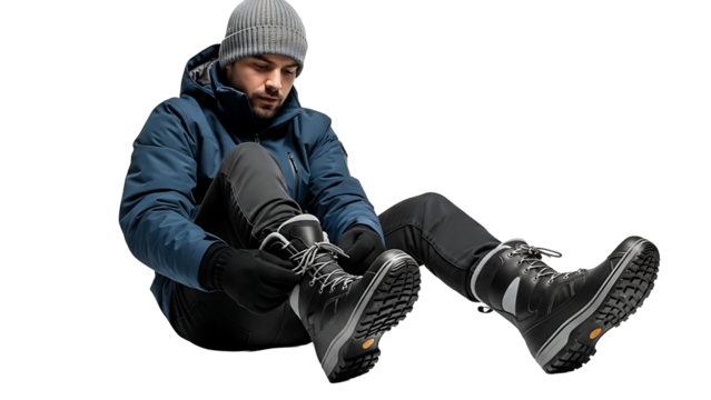 A man preparing for cold weather. He is sitting down, putting on his winter boots, getting ready for the outdoors. isolated on a transparent background - Powered by Adobe