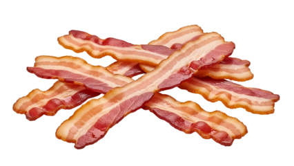 Delicious strips of cooked bacon, ready to be enjoyed. The bacon has a crispy texture and a savory aroma isolated on a transparent background