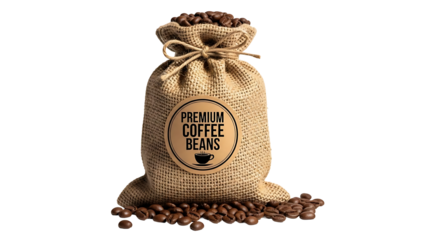 Freshly roasted coffee beans spilling from a burlap sack isolated on a transparent background