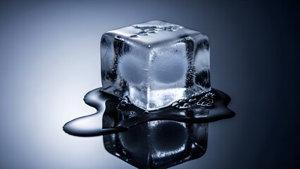 Transparent ice cube on reflective surface with water drops