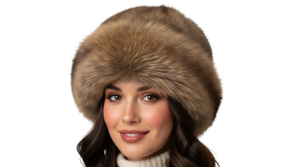 Stylish lady wearing a luxurious fur hat, exuding sophistication and warmth. She is looking at the camera and smiling, showcasing her elegant fashion sense isolated on a transparent background