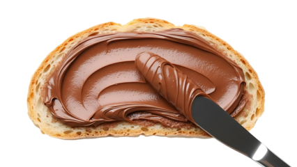 Slice of bread topped with a generous spread of chocolate nut butter, alongside a knife. A perfect breakfast, snack or dessert. isolated on a transparent background