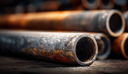Close-up of weathered, rusty steel tubes, some stacked, hinting at industrial use