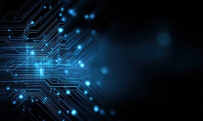 Glowing blue circuit board design on a dark background, representing technology