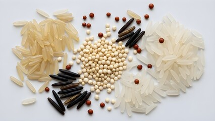 Variety of rice grains and seeds scattered on white background