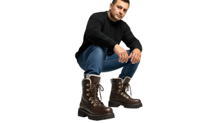 A man crouches down, wearing a black shirt, jeans, and brown boots, and confidently looks at the camera. isolated on a transparent background