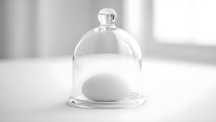 White egg inside glass cloche on table monochrome concept still life